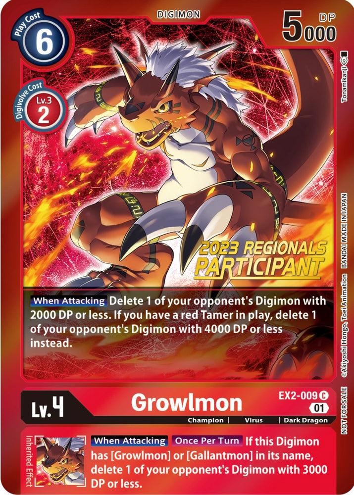 Growlmon [EX2-009] (2023 Regionals Participant) [Digital Hazard Promos]